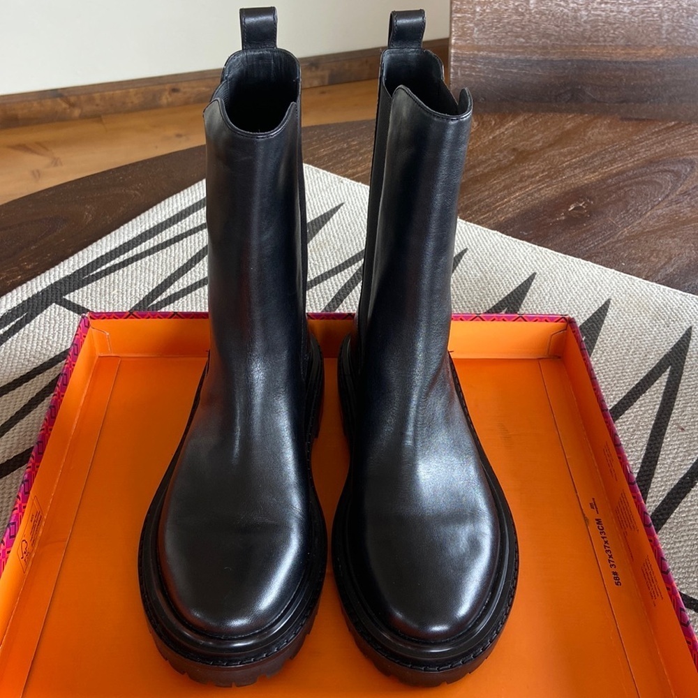 TORY BURCH REVOLVE Black Mid-Calf Leather Boots - Picture 4 of 15